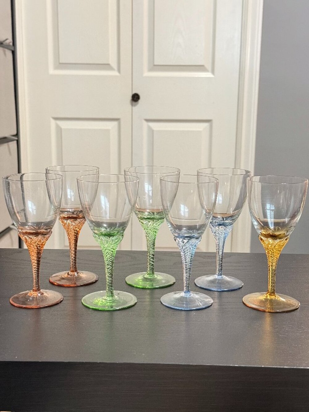 Vintage 60s/70s Czechoslovakian Harlequin Wine Cordial Glasses Set of 7 Stem MCM